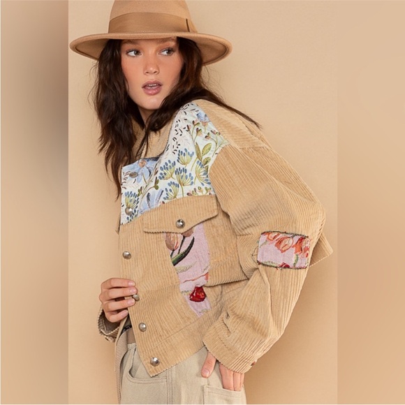 POL Tan Corduroy Oversized Jacket with Floral Accents - Picture 3 of 12
